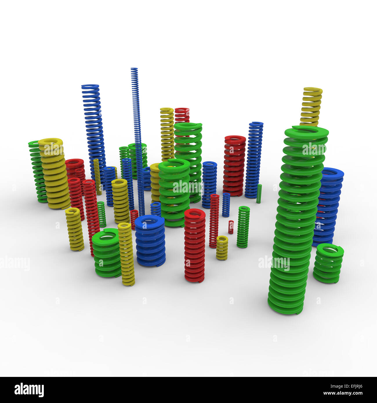 Die molle di compressione con diversi colori e dimensioni per ISO10243 su sfondo bianco Foto Stock