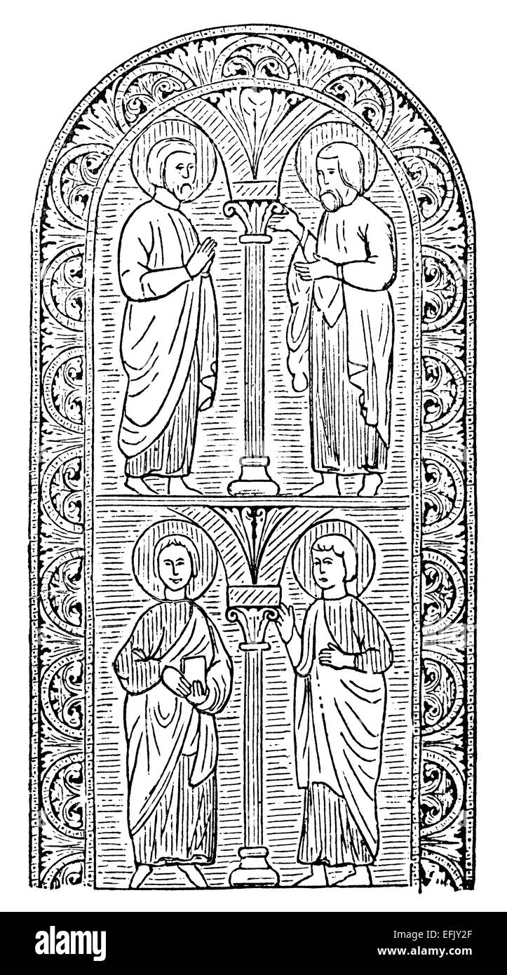 Incisione in stile vittoriano del medioevo una pittura del vetro. Restaurata digitalmente immagine da una metà del XIX secolo enciclopedia. Foto Stock