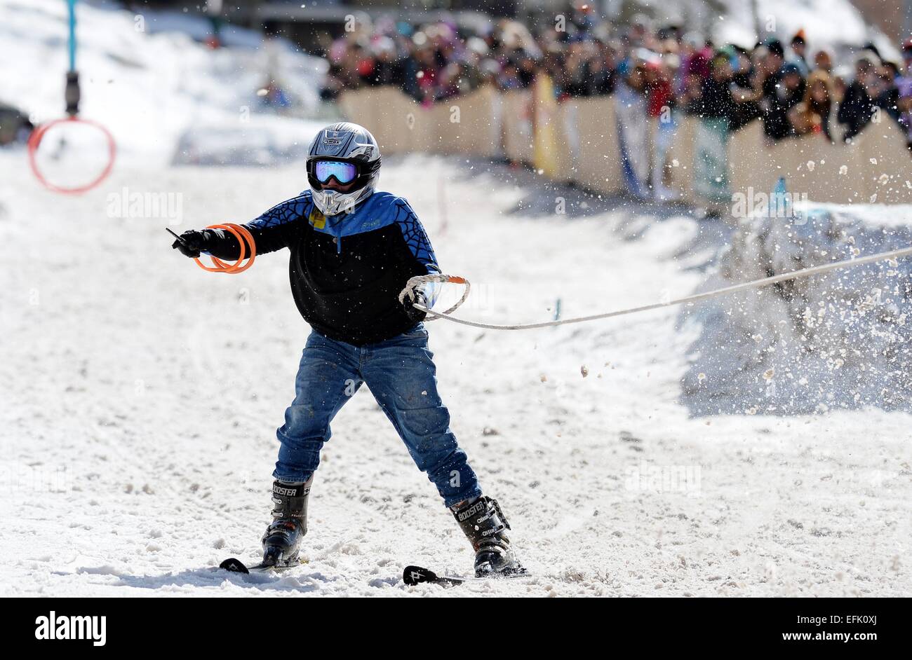 Minturn, STATI UNITI D'AMERICA. 05 feb 2015. Ski Joring in Minturn, STATI UNITI D'AMERICA, 05 febbraio 2015. Foto: Frank Maggio/picture alliance Credit: dpa/Alamy Live News Foto Stock