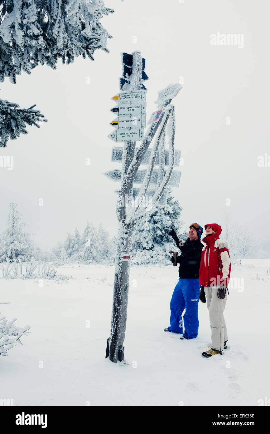 Un paio di escursioni in inverno nei monti Beskidy, Polonia Foto Stock