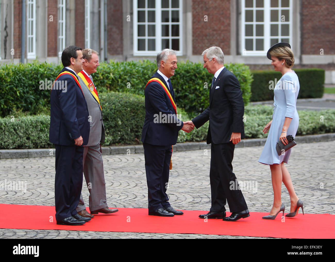 Gli arrivi l'Abbaye Saint-Laurent all inizio del 100 anni commemorazione del focolaio di guerra mondiale 1 dotate di: King Phillipe,Regina Mathilde dove: Liegi, Belgio quando: 04 Ago 2014 Foto Stock