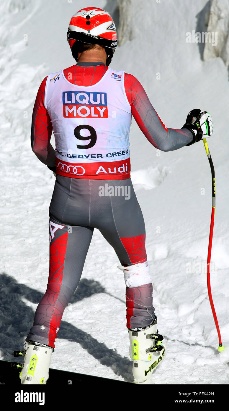 Vail, Colorado, Stati Uniti d'America. 05 feb 2015. Bode Miller di Stati Uniti lascia il finish area dopo il crash durante la sua esecuzione in uomini Super-G presso lo sci alpino Campionati del Mondo di Vail - Beaver Creek, Colorado, Stati Uniti d'America, 05 febbraio 2015. Foto: Stephan Jansen/dpa Credito: dpa picture alliance/Alamy Live News Foto Stock