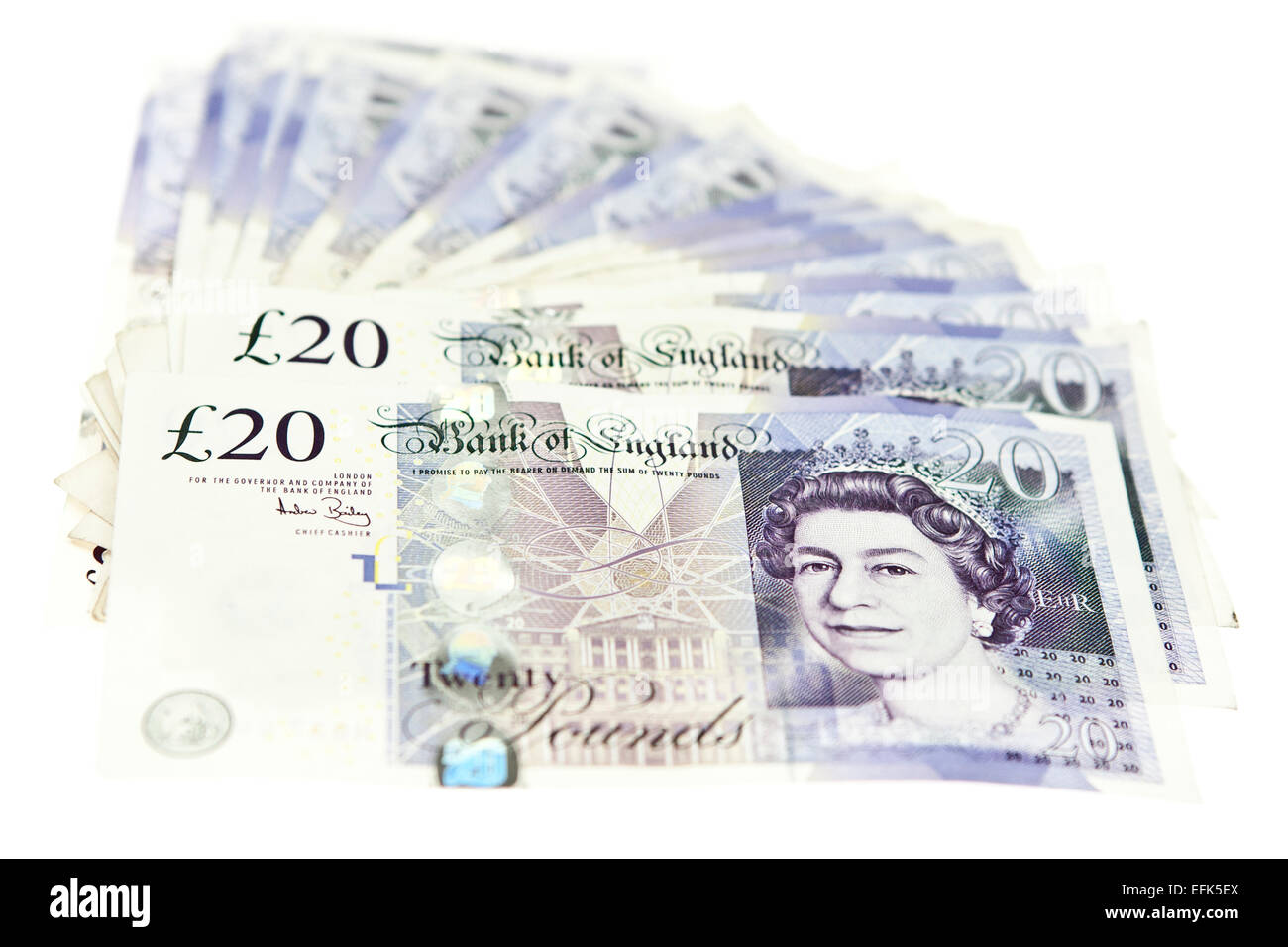 Pila di £20 pound note ventaglio. Foto Stock
