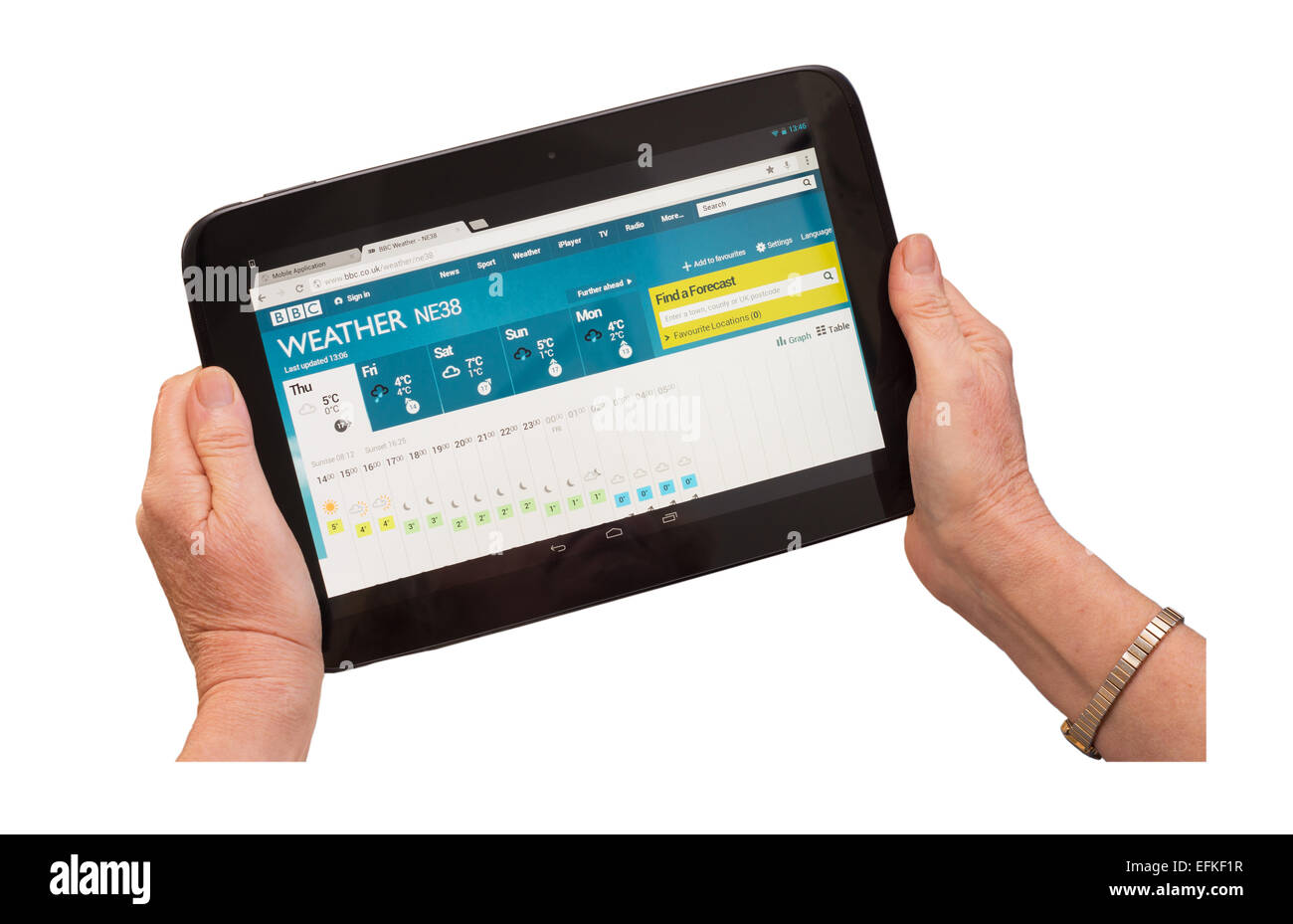 Donna con le mani in mano la lettura UK previsioni meteo utilizzando Google Nexus Tablet 10 isolato su sfondo bianco Foto Stock