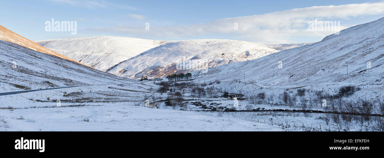 Coperta di neve Yarrow valley mountains in inverno. Scottish Borders. La Scozia. Vista panoramica Foto Stock