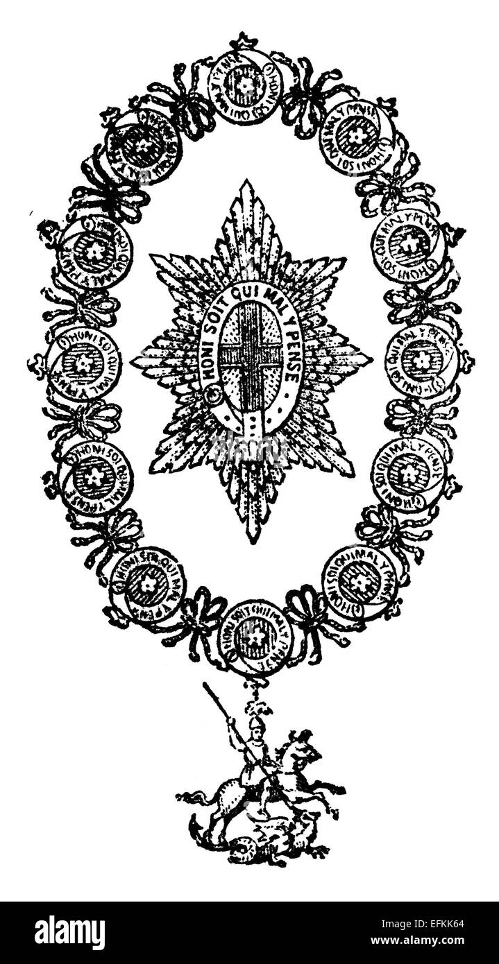 Incisione in stile vittoriano dell'Ordine della Giarrettiera. Restaurata digitalmente immagine da una metà del XIX secolo enciclopedia. Foto Stock