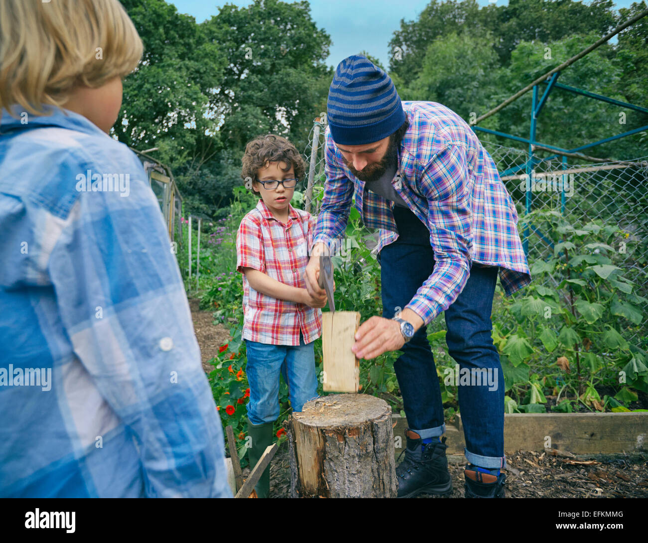 Padre spiegando come chop registri per figli Foto Stock