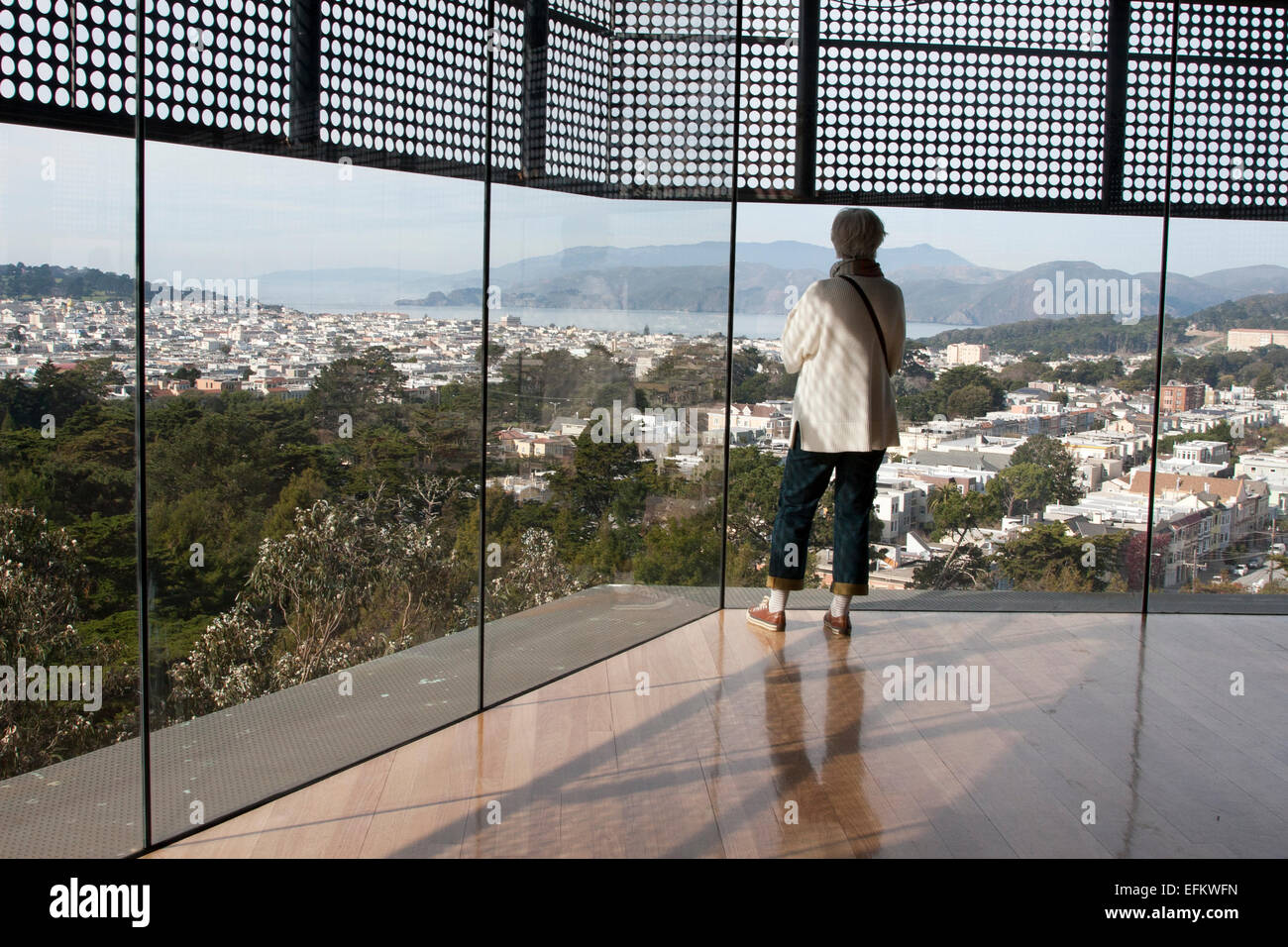 Guardando fuori il Museo de Young's tower windows su San Francisco. Foto Stock