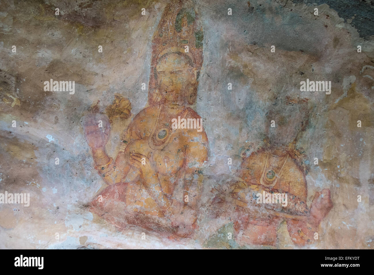 Antichi affreschi di fanciulle sul muro a Sigiriya rock fortezza, Sigiriya, Sri Lanka,Sigiriya,Sri Lanka,rock,Unesco, caverna,l'arte Foto Stock