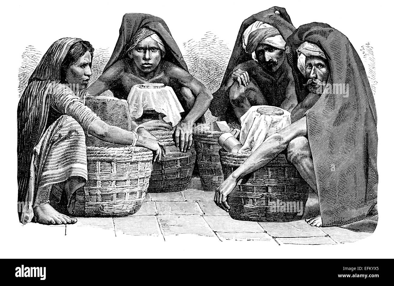 Incisione in stile vittoriano tradizionale di un latte di venditori, Madras (Chennai, India. Restaurata digitalmente immagine da una metà del XIX secolo it Foto Stock