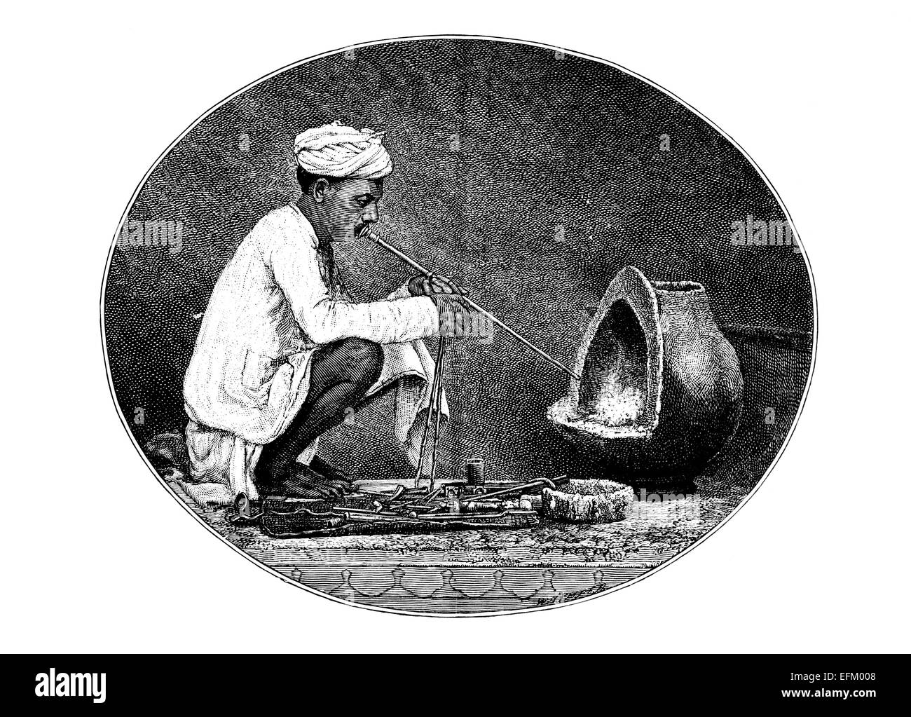 Incisione in stile vittoriano tradizionale di un orafo, India. Restaurata digitalmente immagine da una metà del XIX secolo enciclopedia. Foto Stock