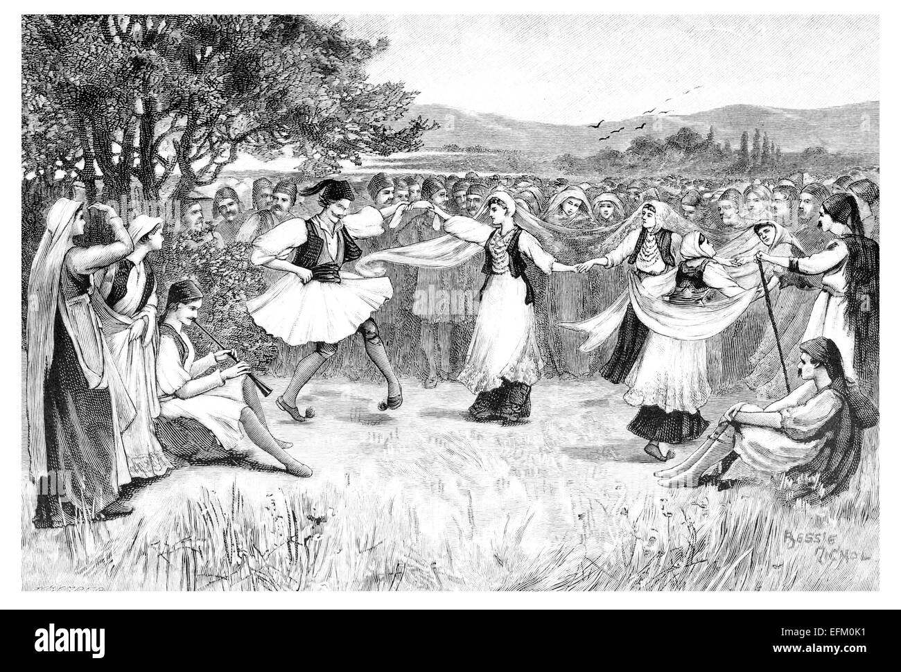 Incisione in stile vittoriano tradizionale di ballerini greci. Restaurata digitalmente immagine da una metà del XIX secolo enciclopedia. Foto Stock
