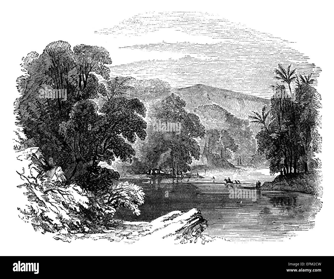 Xix secolo l'incisione del fiume Giordano e la lussureggiante vegetazione sulle rive del fiume Foto Stock