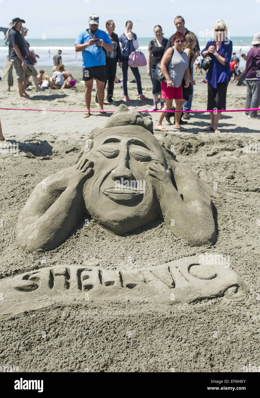 Christchurch, Nuova Zelanda. 7 febbraio, 2015. Serpenti di mare, sirene e castelli gigante germogliato dalla spiaggia di New Brighton alla quarta Nuova Zelanda castello di sabbia la concorrenza. Dilettanti e professionisti carving sabbia/scolpire i team e i singoli in concorrenza per i trofei e premi per la creazione di sculture di sabbia raffiguranti un tema di ''castelli della vostra mente, '' ''creatures del mare'' o ''Kiwiana. Credito: PJ Heller/ZUMA filo/Alamy Live News Foto Stock