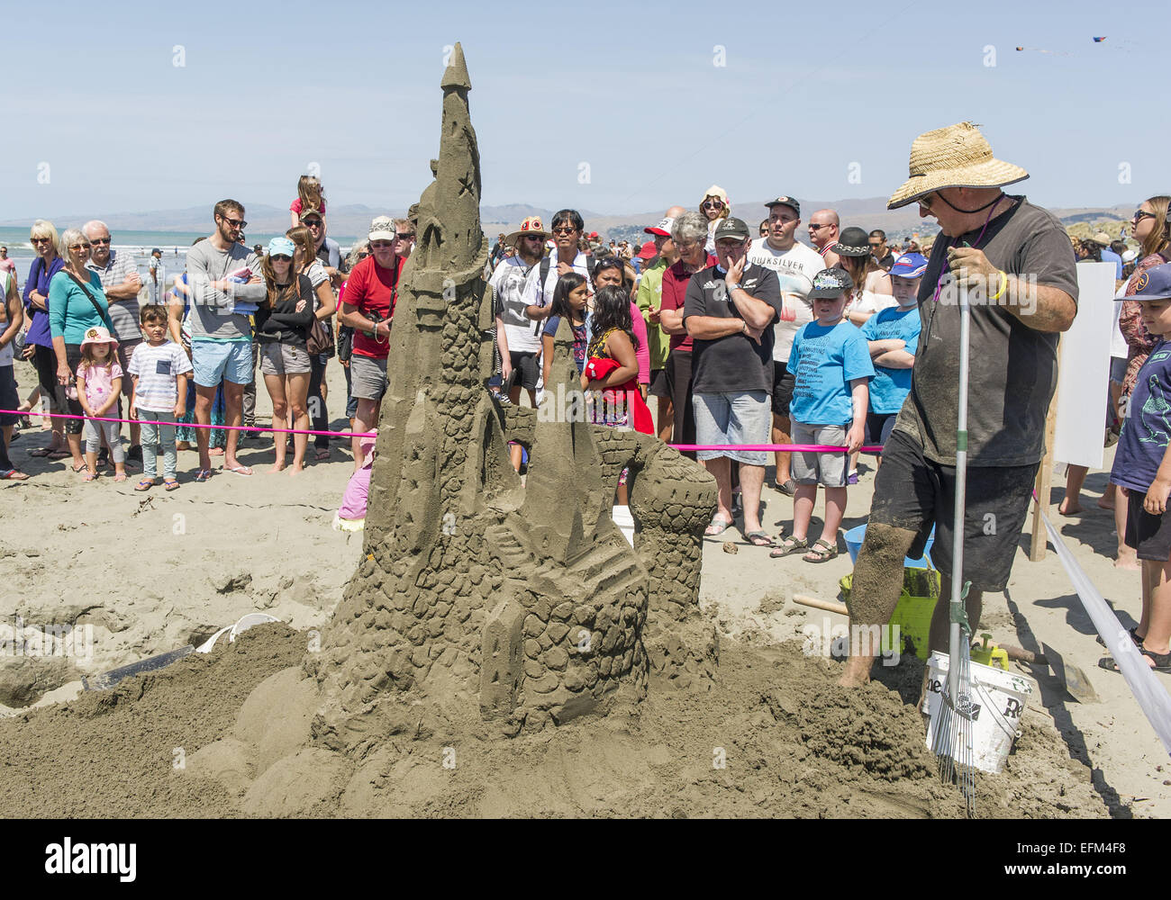 Christchurch, Nuova Zelanda. 7 febbraio, 2015. Serpenti di mare, sirene e castelli gigante germogliato dalla spiaggia di New Brighton alla quarta Nuova Zelanda castello di sabbia la concorrenza. Dilettanti e professionisti carving sabbia/scolpire i team e i singoli in concorrenza per i trofei e premi per la creazione di sculture di sabbia raffiguranti un tema di ''castelli della vostra mente, '' ''creatures del mare'' o ''Kiwiana. Credito: PJ Heller/ZUMA filo/Alamy Live News Foto Stock