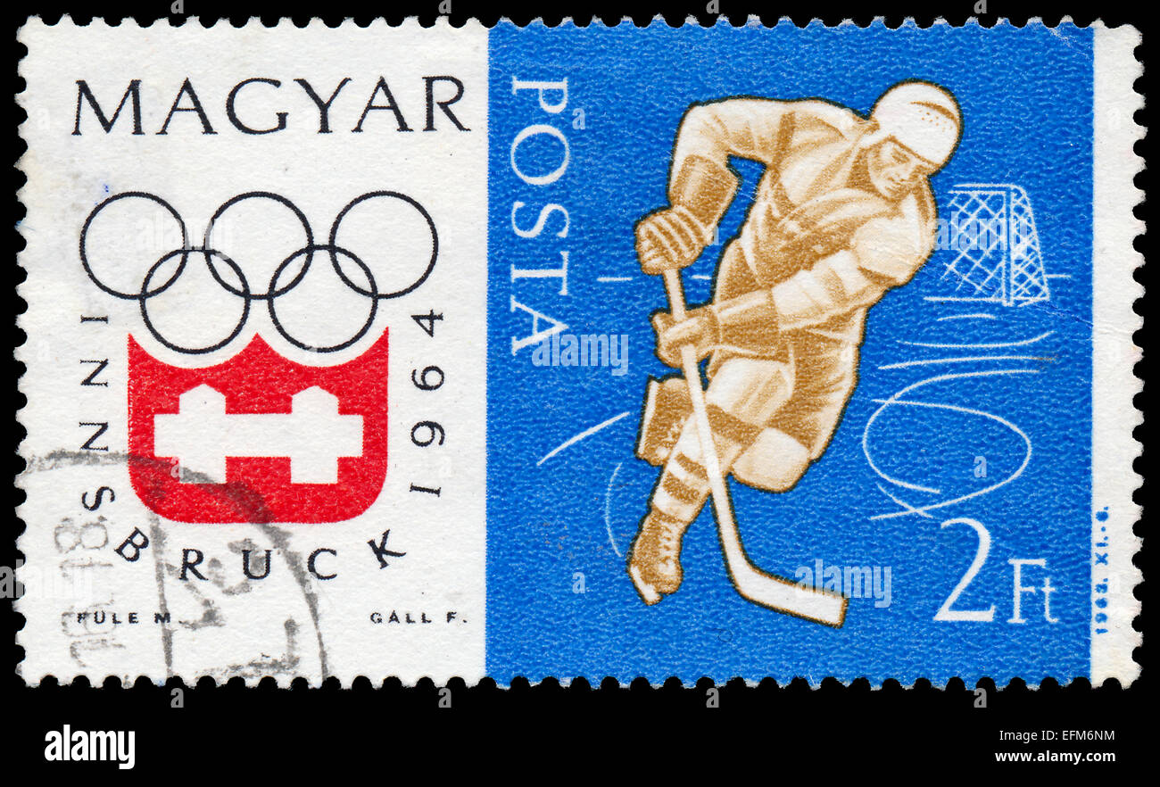 Ungheria - circa 1963: un timbro stampato da Ungheria, mostra di hockey, inverno sport olimpici, Innsbruck 64, circa 1963 Foto Stock
