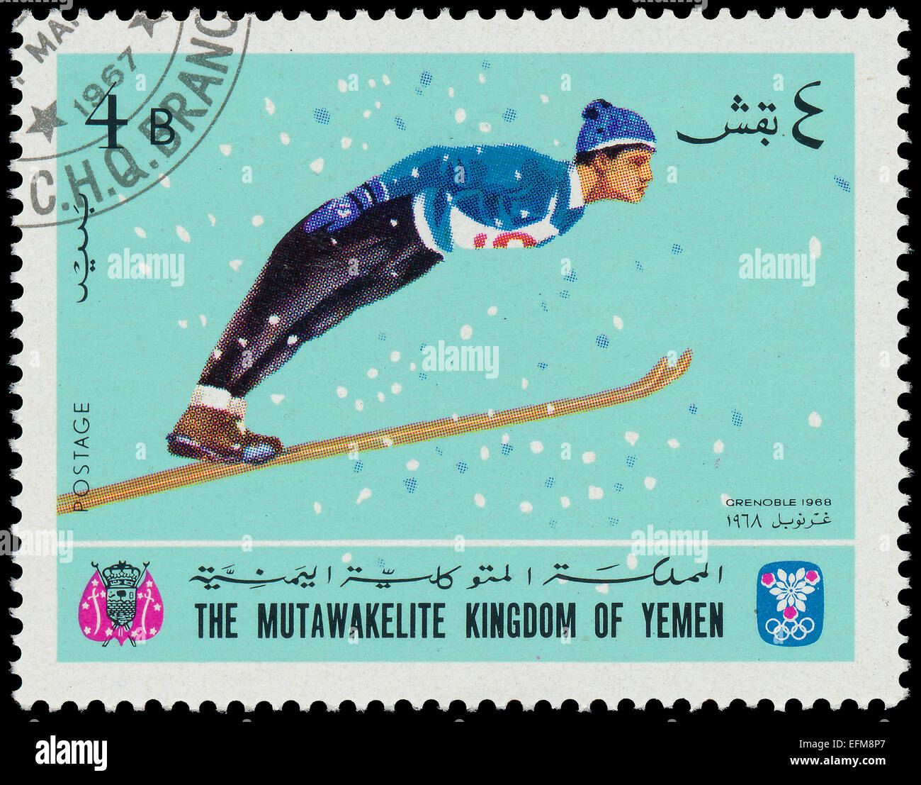 YEMEN CIRCA 1968: un timbro stampato in Yemen mostra dei giochi olimpici invernali di Grenoble, circa 1968 Foto Stock