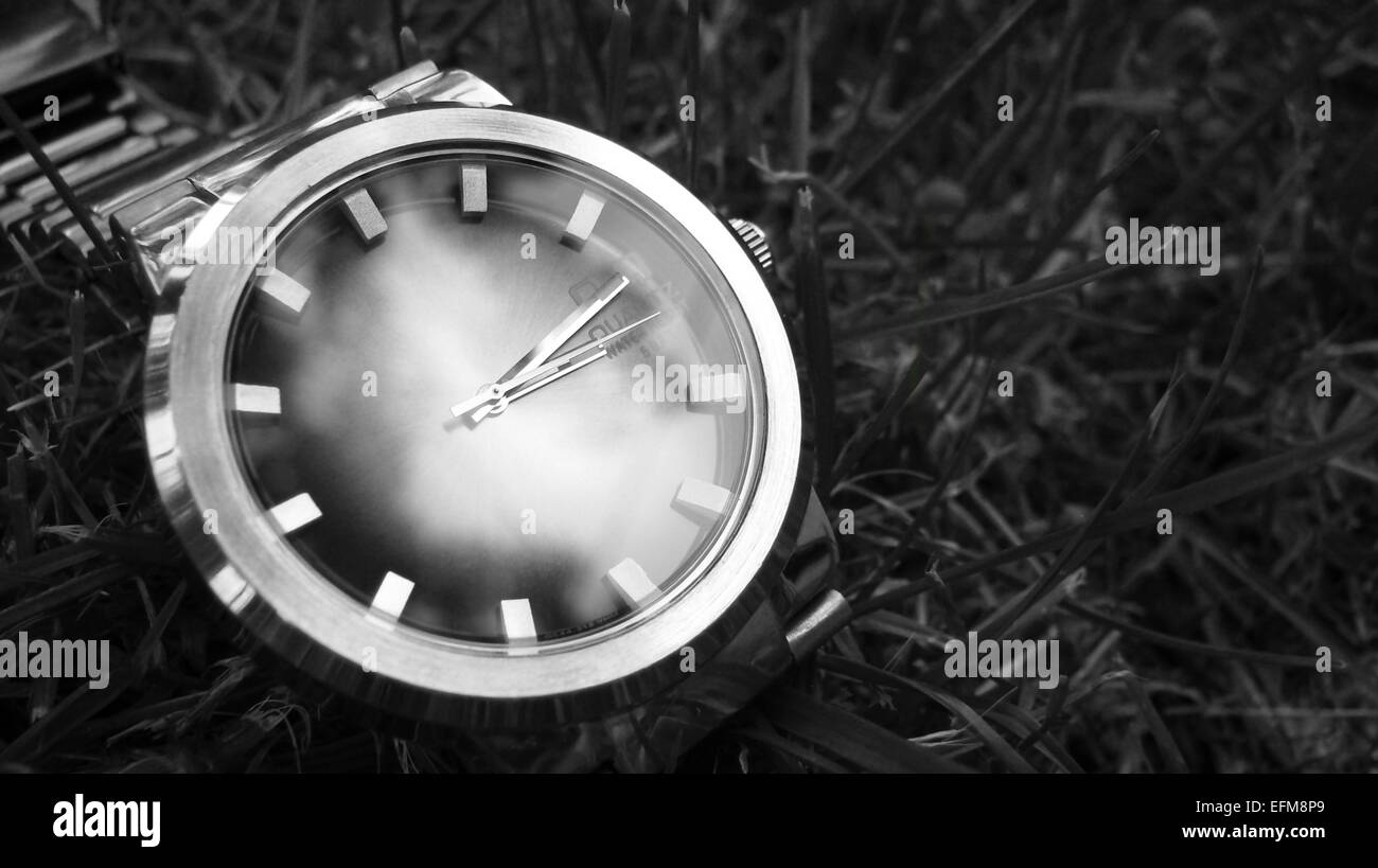 Orologio in metallo di colore nero e bianco sull'erba. Foto Stock