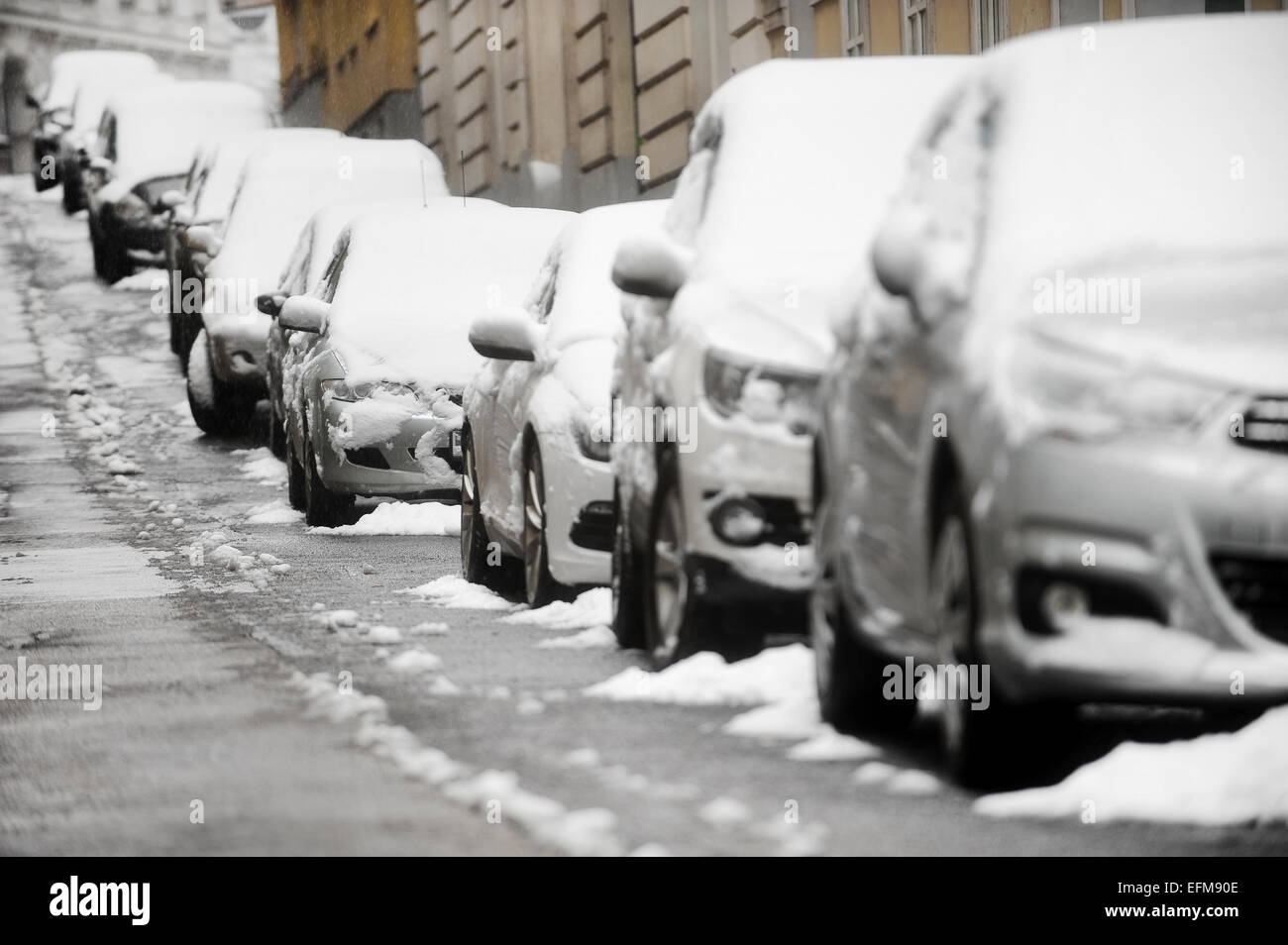 Scena urbana con auto parcheggiate in fila coperte di neve durante una nevicata Foto Stock