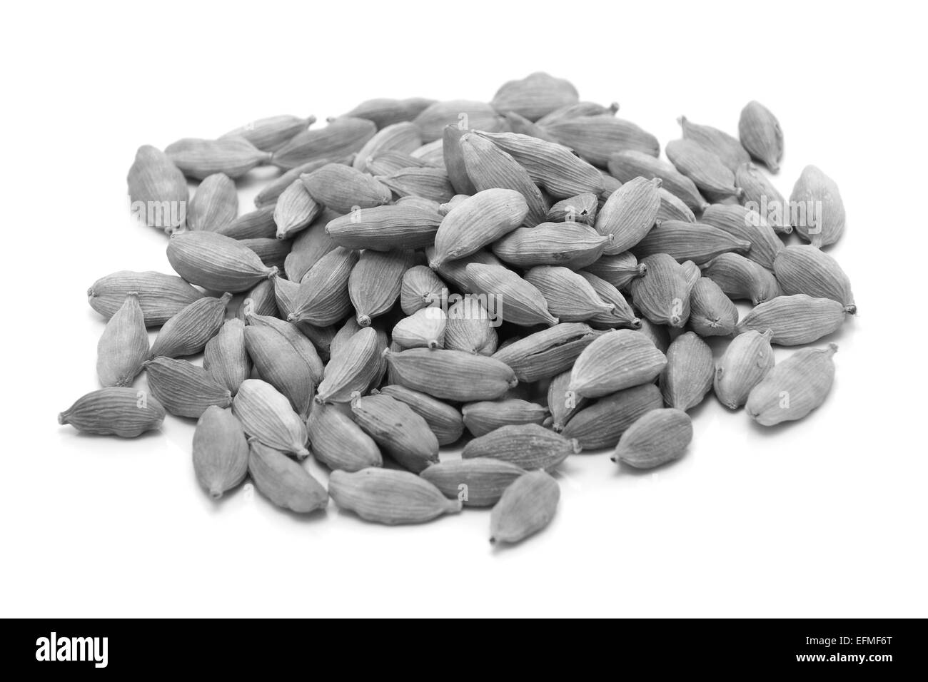 Tutta i semi di cardamomo, isolata su uno sfondo bianco - elaborazione monocromatica Foto Stock
