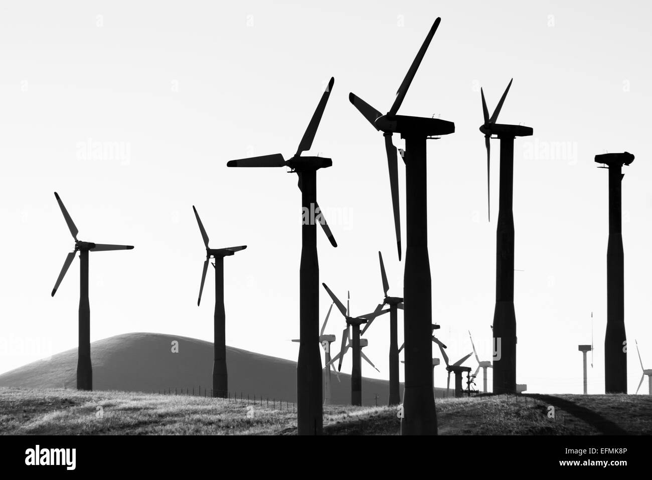 Vista Silhouette di turbine eoliche, Vasco Road Green Energy Corridor, CALIFORNIA, STATI UNITI D'AMERICA Foto Stock