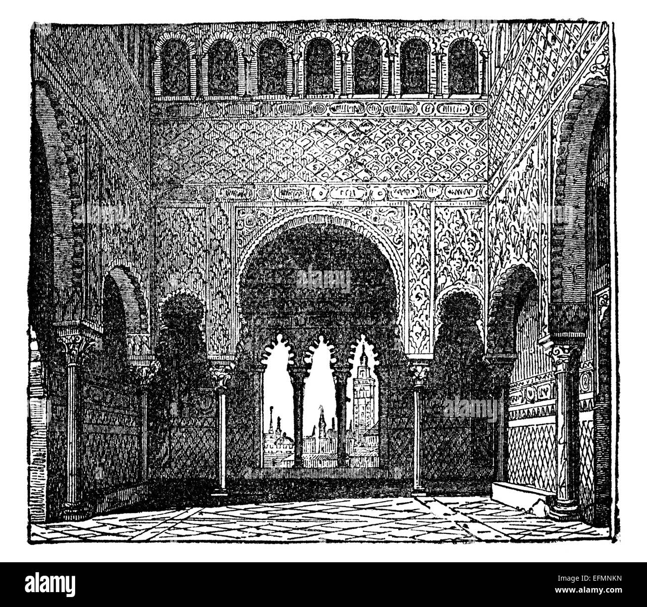 Incisione in stile vittoriano dell'interno dell'Alhambra di Granada, Spagna Foto Stock