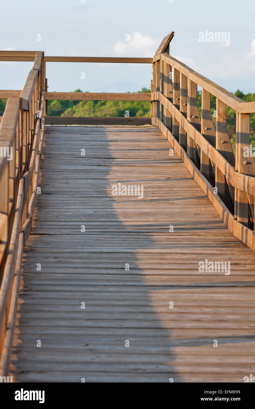 In legno ponte panoramico sulle dune di sabbia della toscana spiaggia deserta, Italia Foto Stock