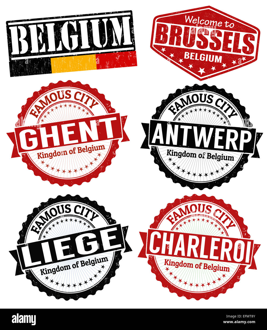Set di grunge timbri in gomma con i nomi di città del Belgio, illustrazione vettoriale Foto Stock