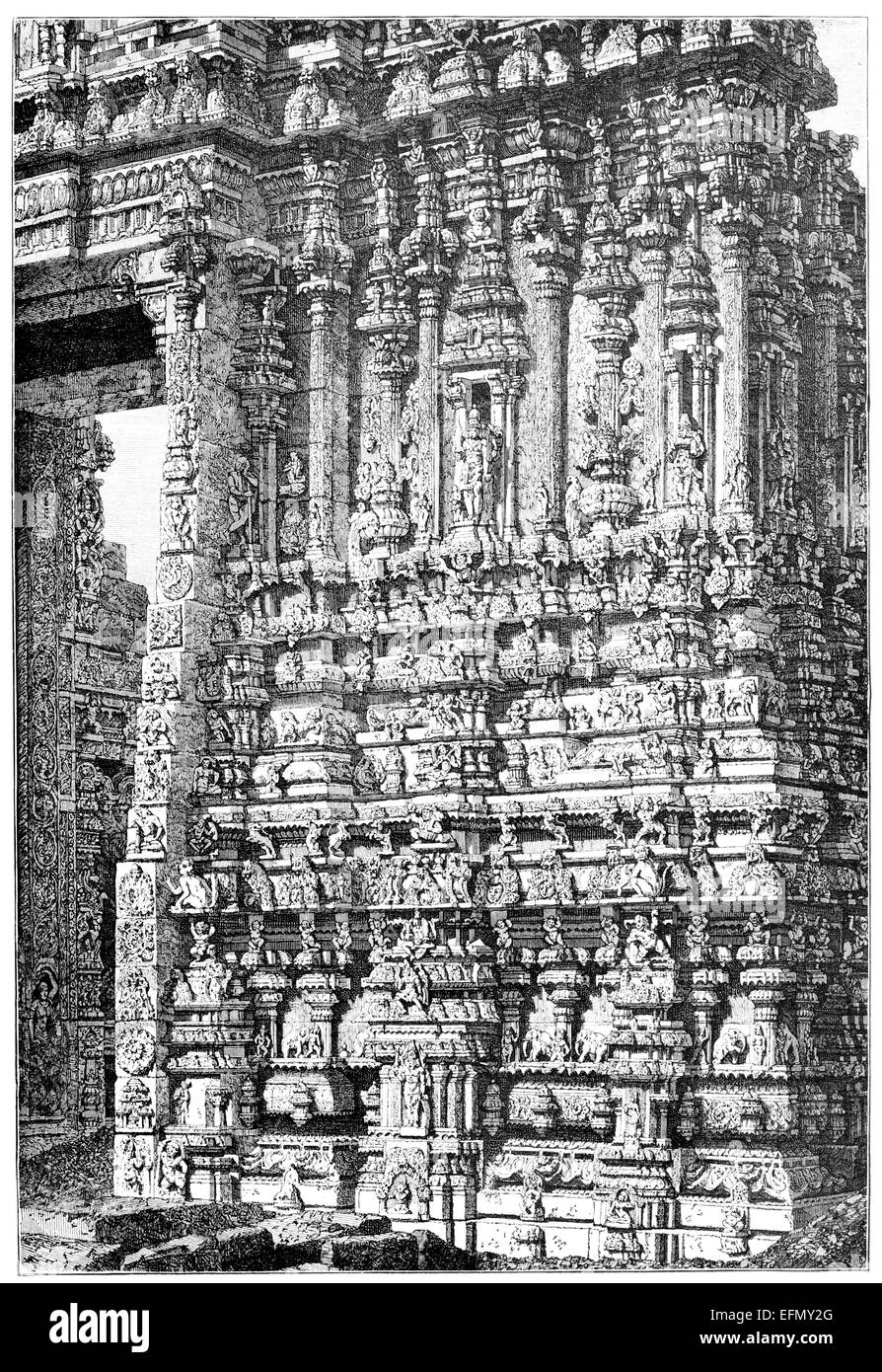 Incisione in stile vittoriano di un tempio dettaglio, Tirupati, India Foto Stock