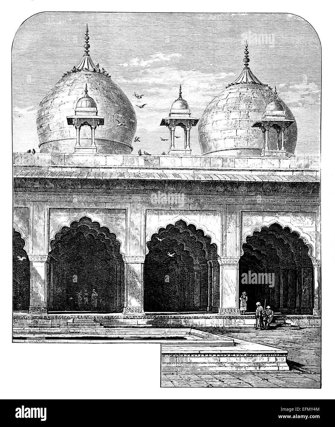 Incisione in stile vittoriano di moti Masjid, Agra, India Foto Stock