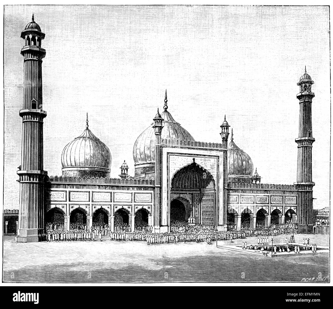 Incisione in stile vittoriano del Jasma Masjid, Delhi, India Foto Stock