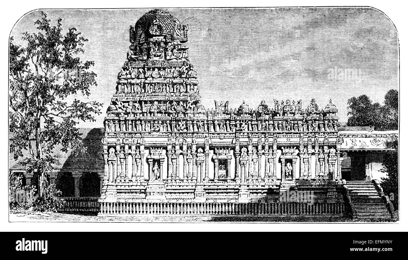 Incisione in stile vittoriano del tempio Brihadeeswara, Thanjavur, India. Restaurata digitalmente immagine da una metà del XIX secolo enciclopedia. Foto Stock