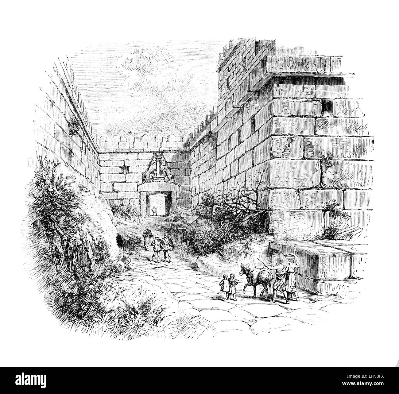 Xix secolo incisione vittoriano della Porta del Leone, Micene, Grecia Foto Stock