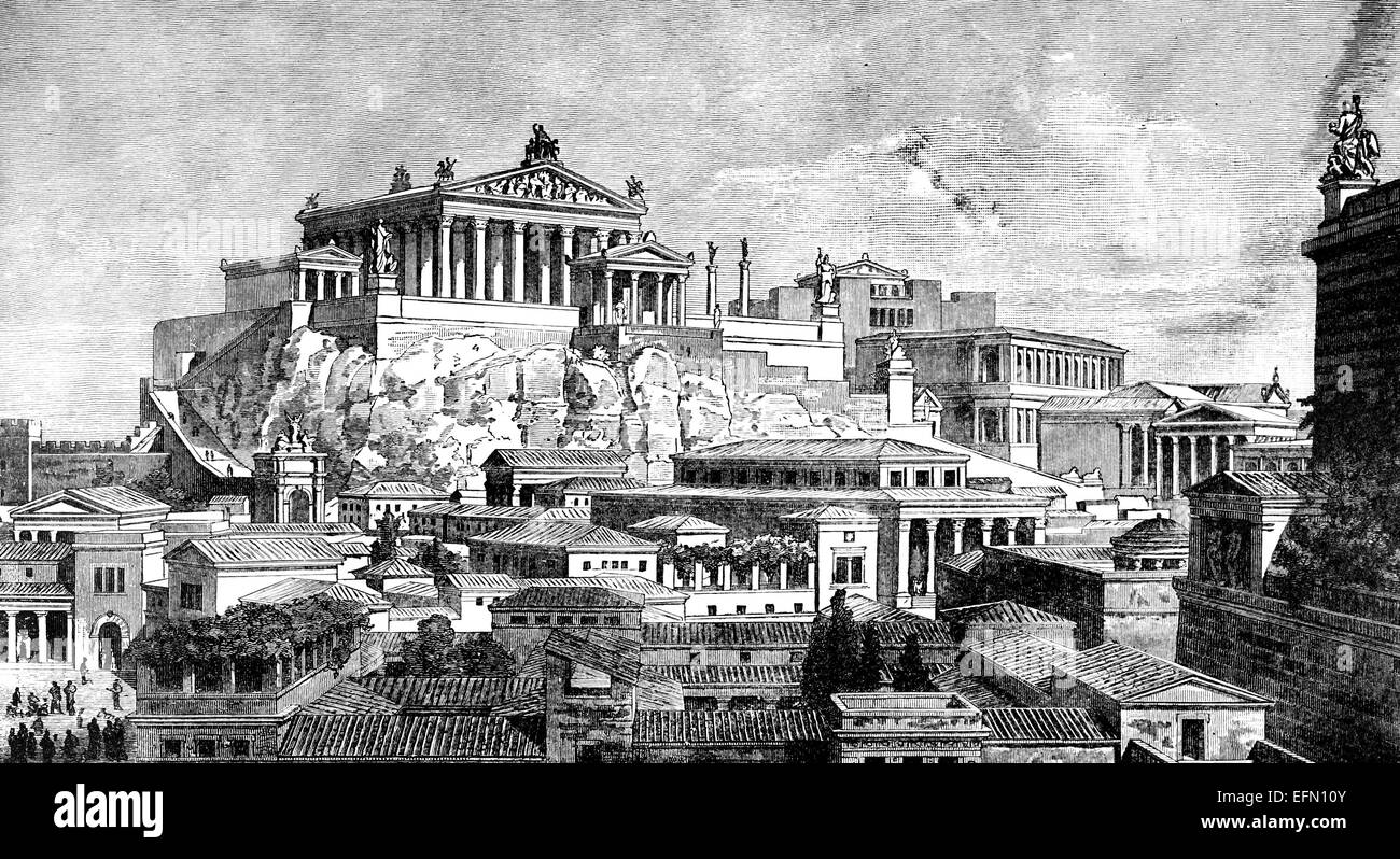 Xix secolo incisione Vittoriano di una ricostruzione della città antica di Roma Foto Stock