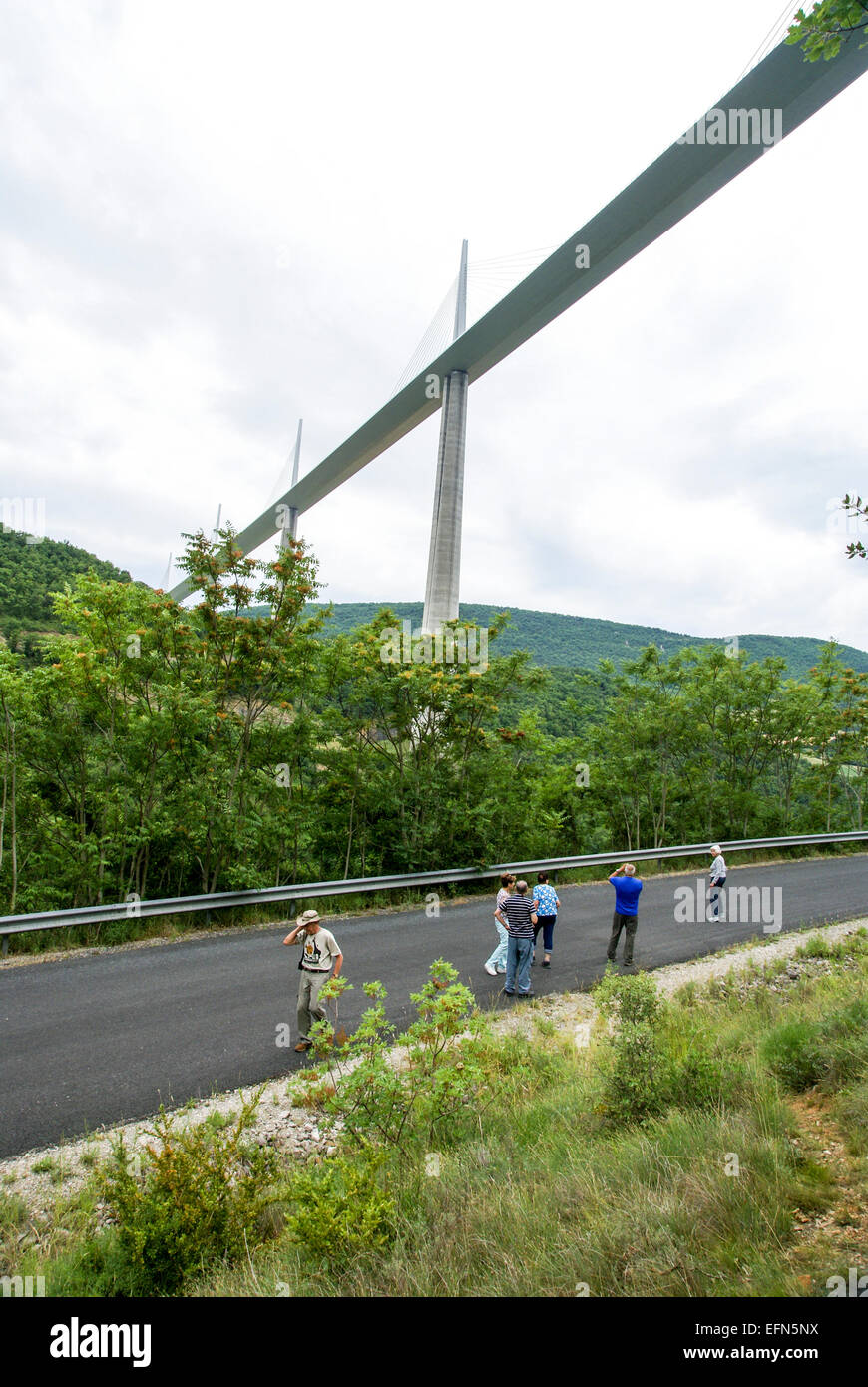 Il viadotto di Millau è un cavo-alloggiato ponte che attraversa la valle del fiume Tarn vicino a Millau nel sud della Francia. Foto Stock