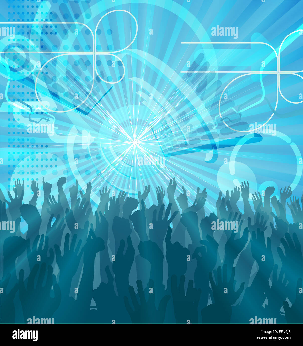 Un blu parte astratta folla con le mani alzate balli sfondo flyer Foto Stock