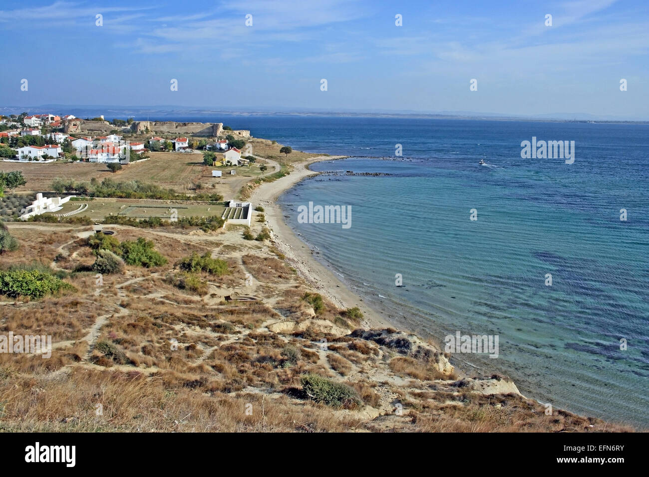 V Beach, seme El Bahr, Capo Helles, Gallipoli. Qui il 25 aprile 1915 il mare rosso corse con il sangue. Foto Stock