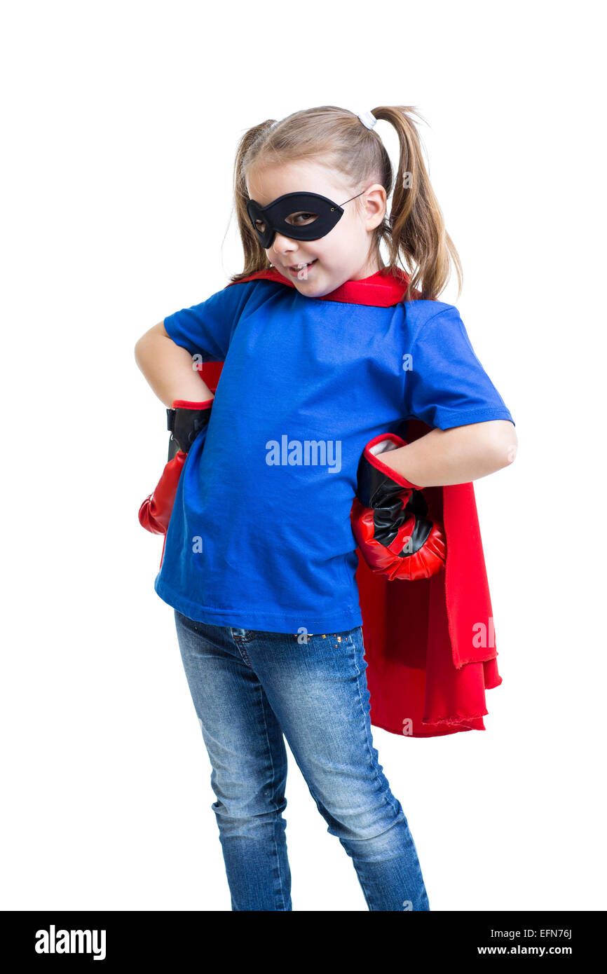 Carino bambino kid bambina gioca supereroe Foto Stock