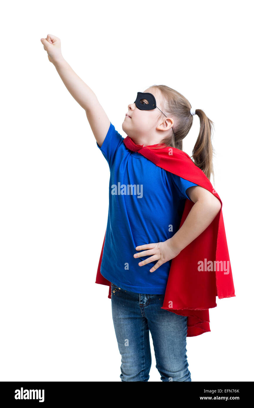 Kid bambina gioca supereroe Foto Stock