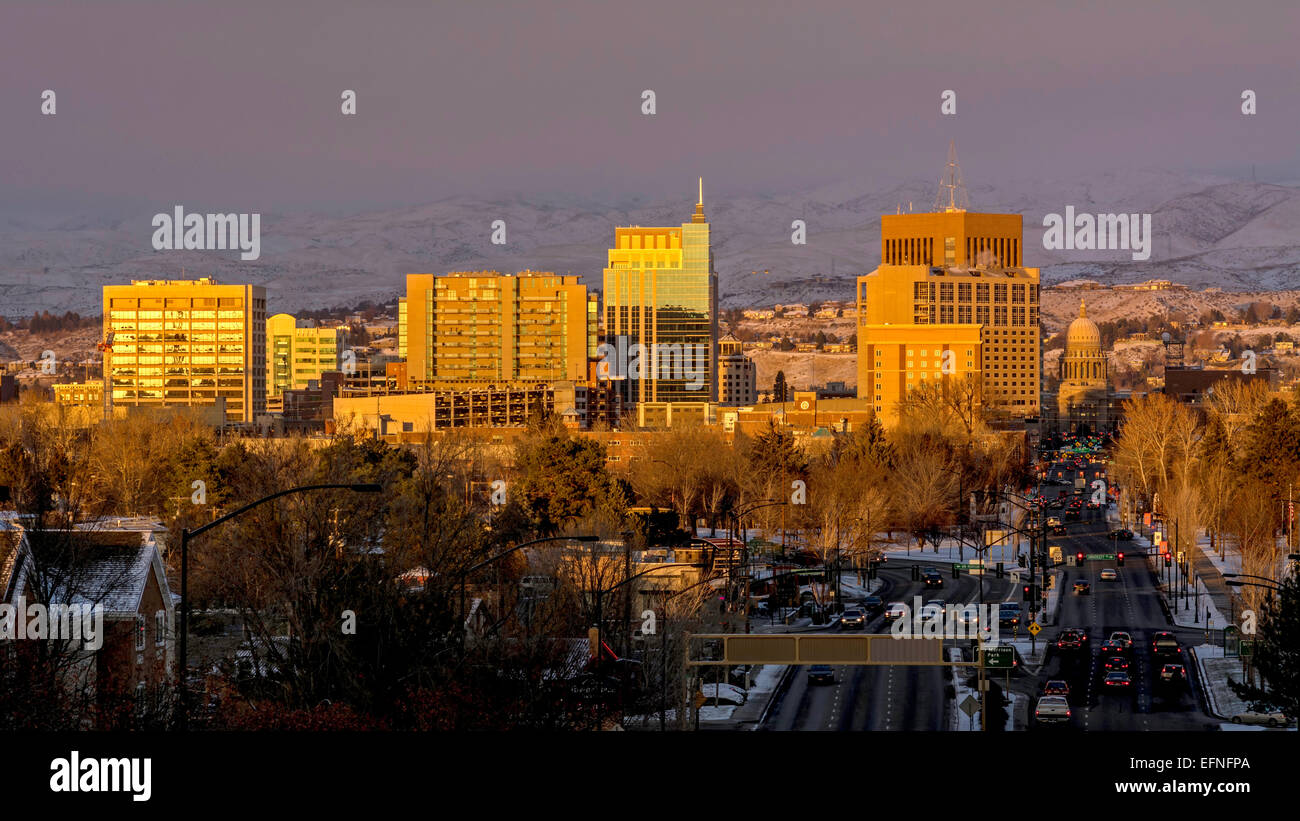 Città di Boise Idaho inverno al tramonto Foto Stock