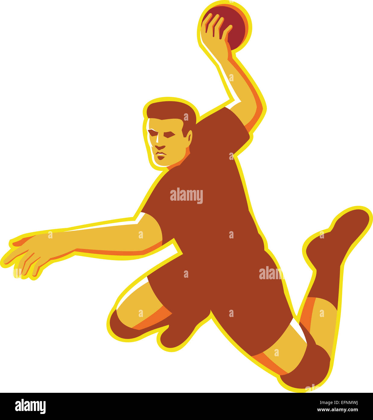 Illustrazione di una palla a mano il giocatore con la palla jumping gettando il punteggio sorprendente fatto in stile retrò isolato su sfondo bianco. Foto Stock