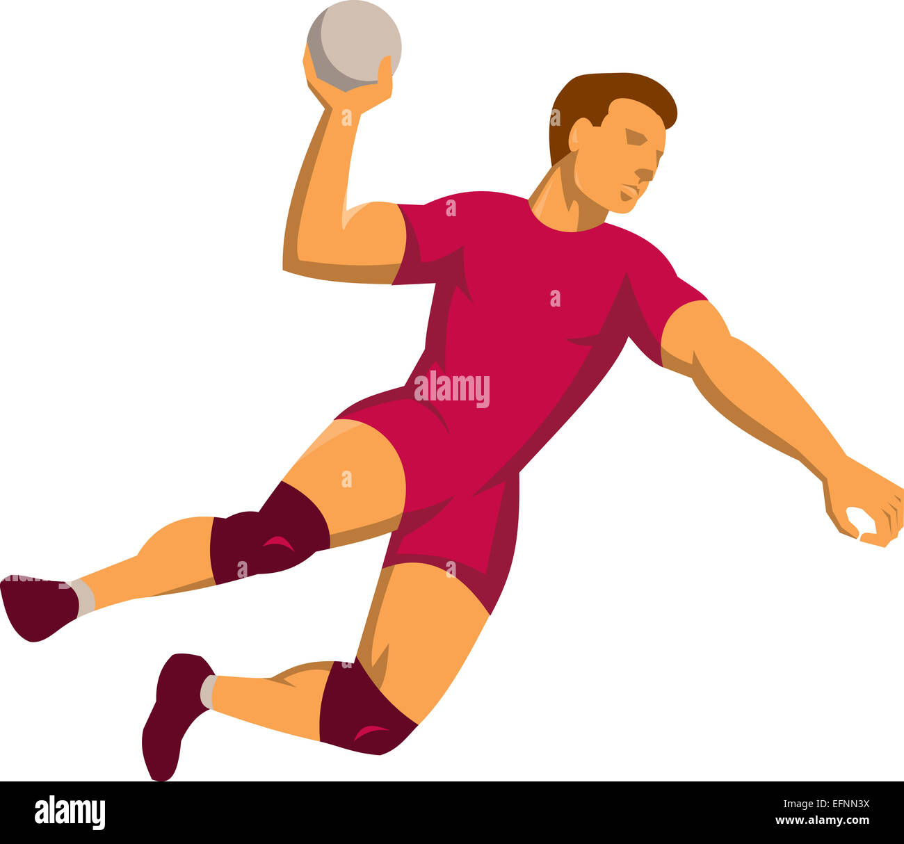 Illustrazione di una palla a mano il giocatore con la palla jumping gettando rigature impostato su isolato sfondo bianco fatto in stile retrò. Foto Stock