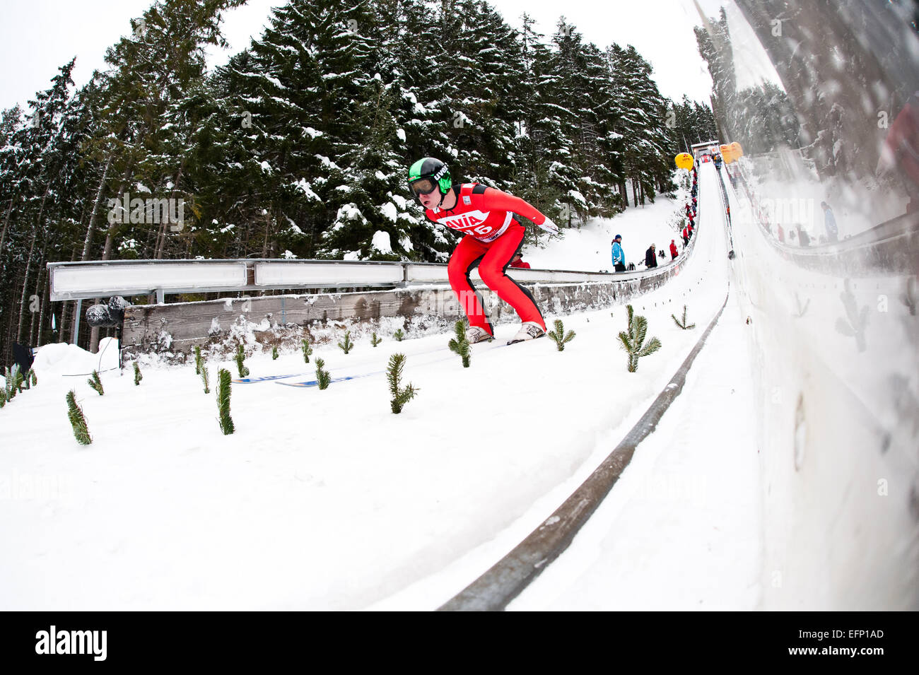 Titisee, Germania. 8 febbraio, 2015. Un concorrente accelera in esecuzione durante la grande collina competizione individuale al giorno due del FIS Ski Jumping World Cup in data 8 febbraio 2015 in Titisee, Germania. Credito: Miroslav Dakov/Alamy Live News Foto Stock