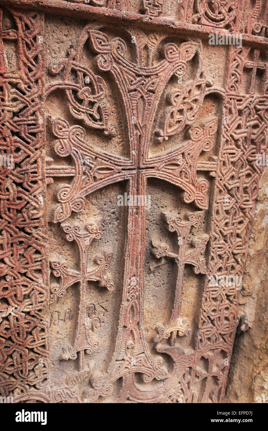 Khachkar, cross-pietra, Monastero di Geghard, Geghardavank, provincia di Kotayk, Armenia Foto Stock