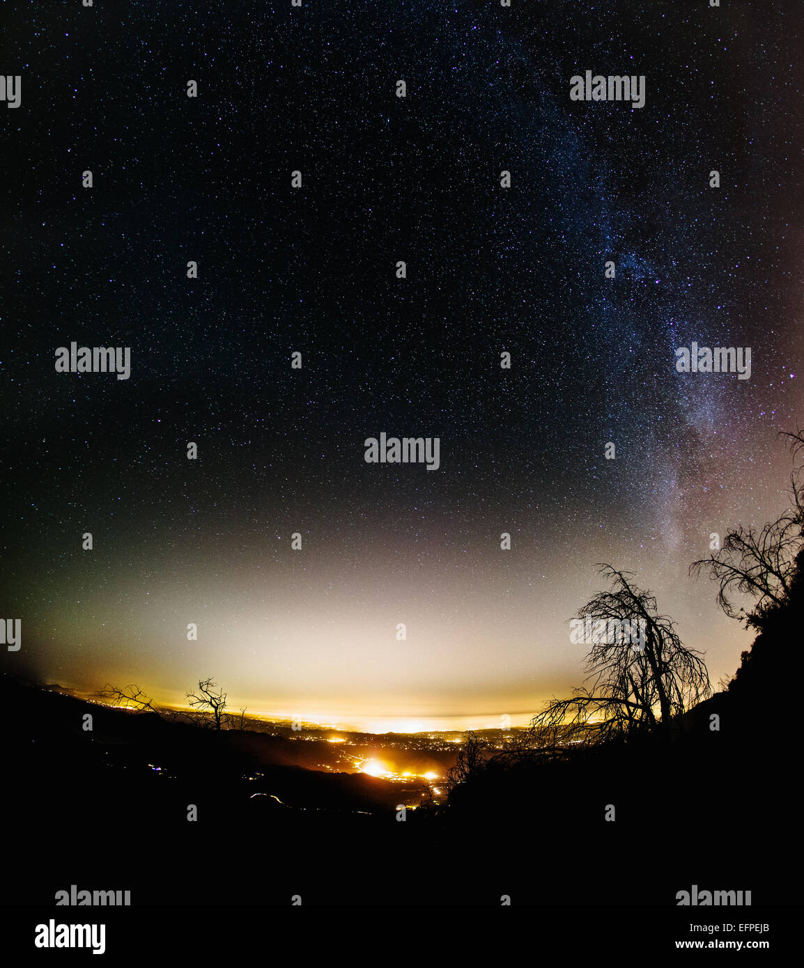 Vista di profilarsi il paesaggio e la via lattea di notte da Palomar Mountain, Palomar, CALIFORNIA, STATI UNITI D'AMERICA Foto Stock
