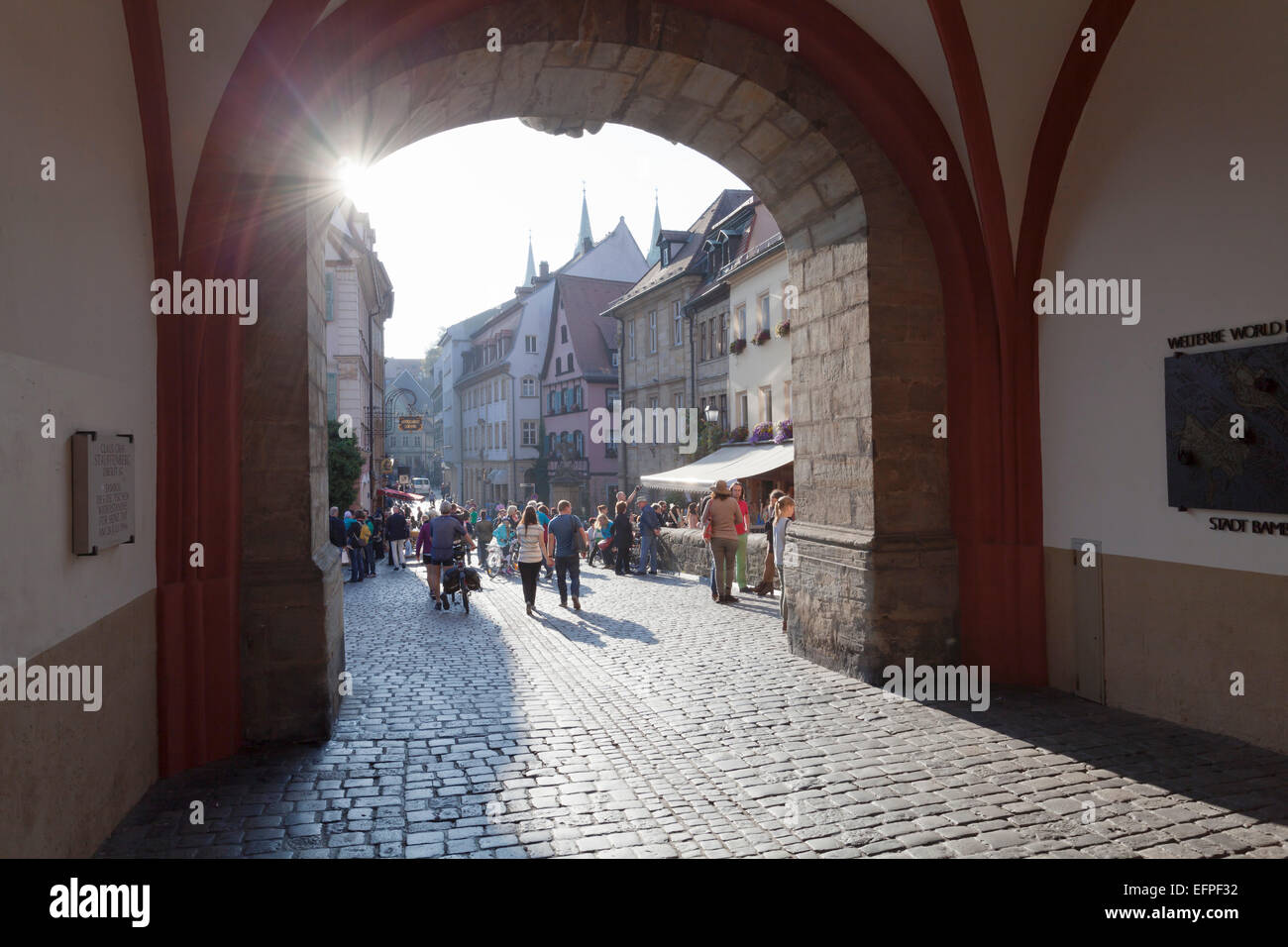 Vista dal Vecchio Municipio di Karolinenstrasse Street, Sito Patrimonio Mondiale dell'UNESCO, Bamberg, Franconia, Baviera, Germania, Europa Foto Stock