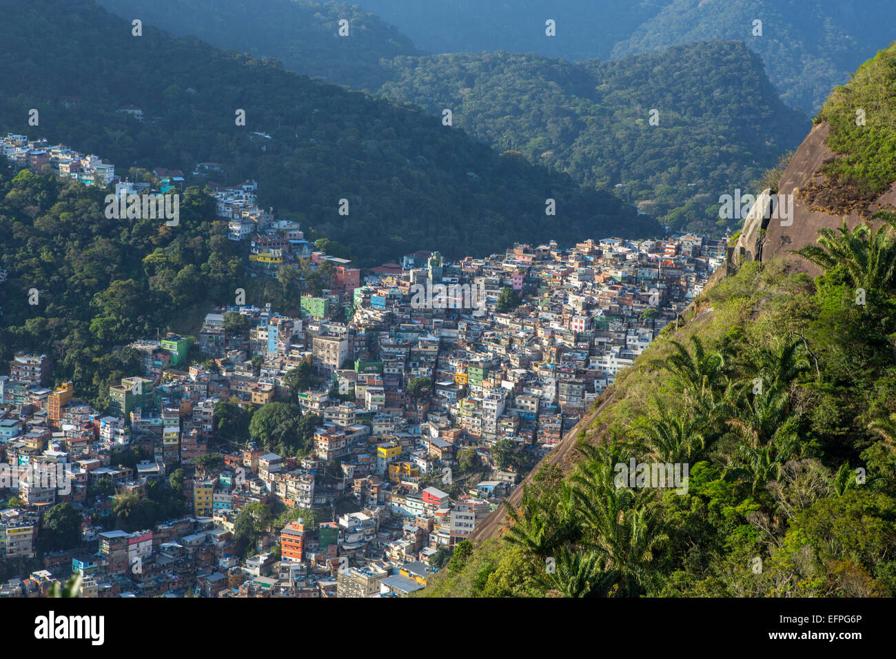 Vista di Rocinha favela e la foresta del Parco Nazionale della Tijuca, Rio de Janeiro, Brasile, Sud America Foto Stock