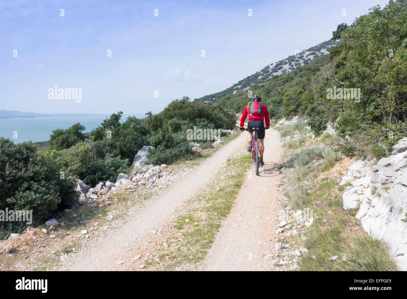 Un ciclista di montagna in bicicletta intorno a Vransko jezero, Dalmazia, Croazia, Europa Foto Stock