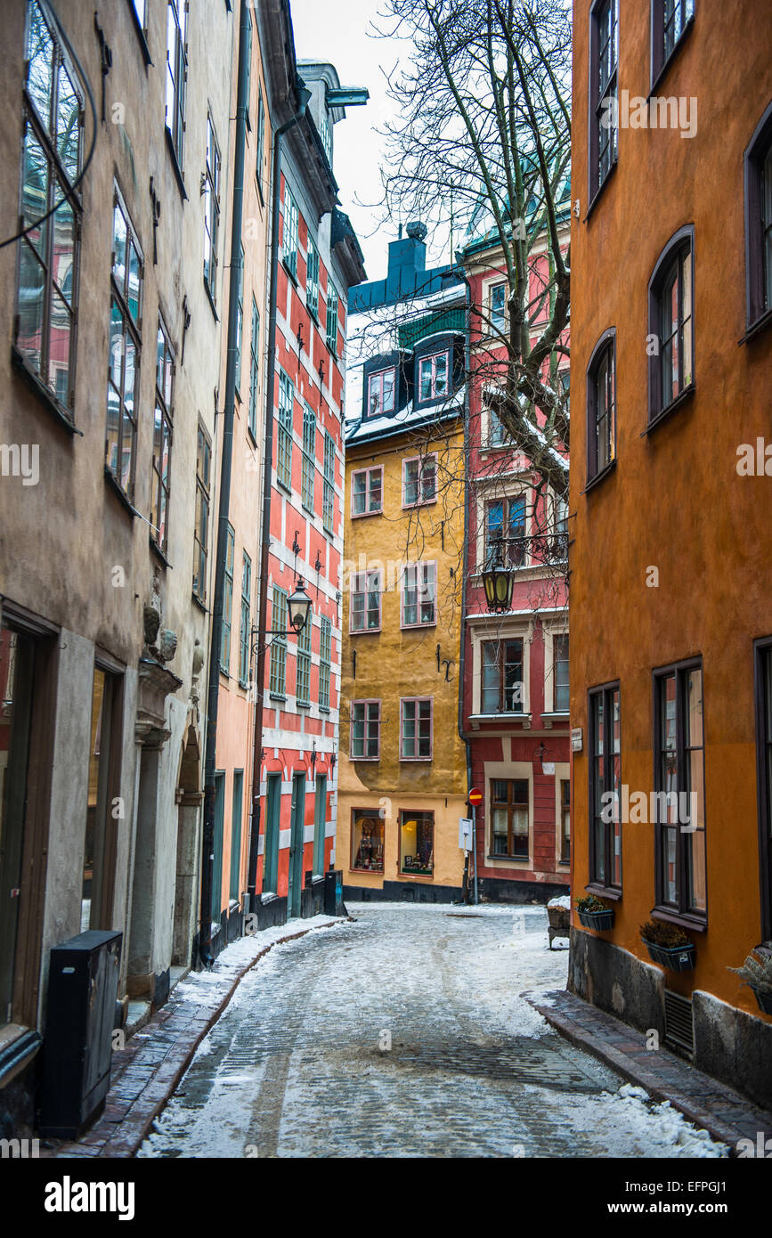 Piccoli vicoli del quartiere antico di Gamla Stan a Stoccolma, Svezia Foto Stock