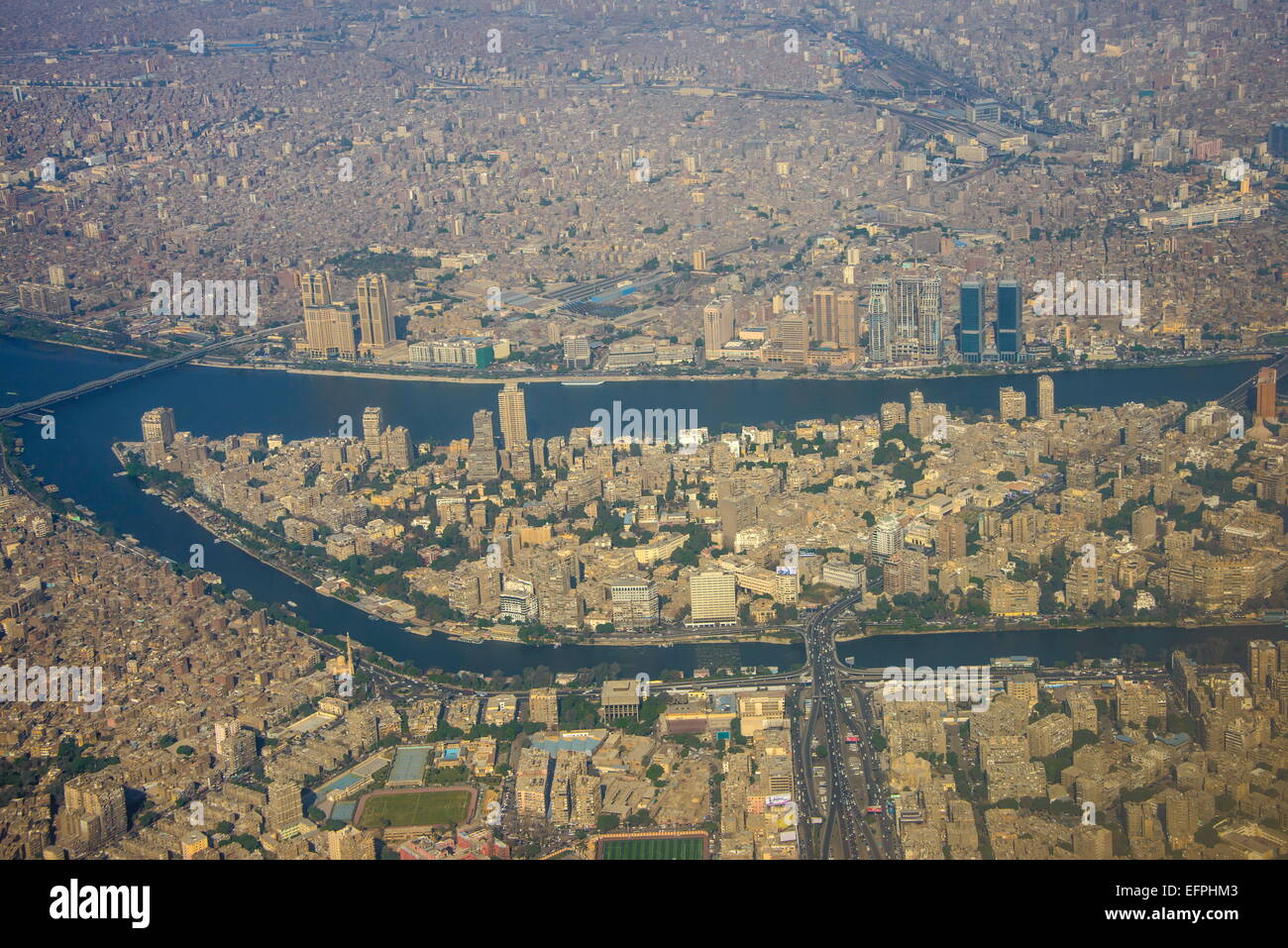Antenna del centro del Cairo e del fiume Nilo, Egitto, Africa Settentrionale, Africa Foto Stock